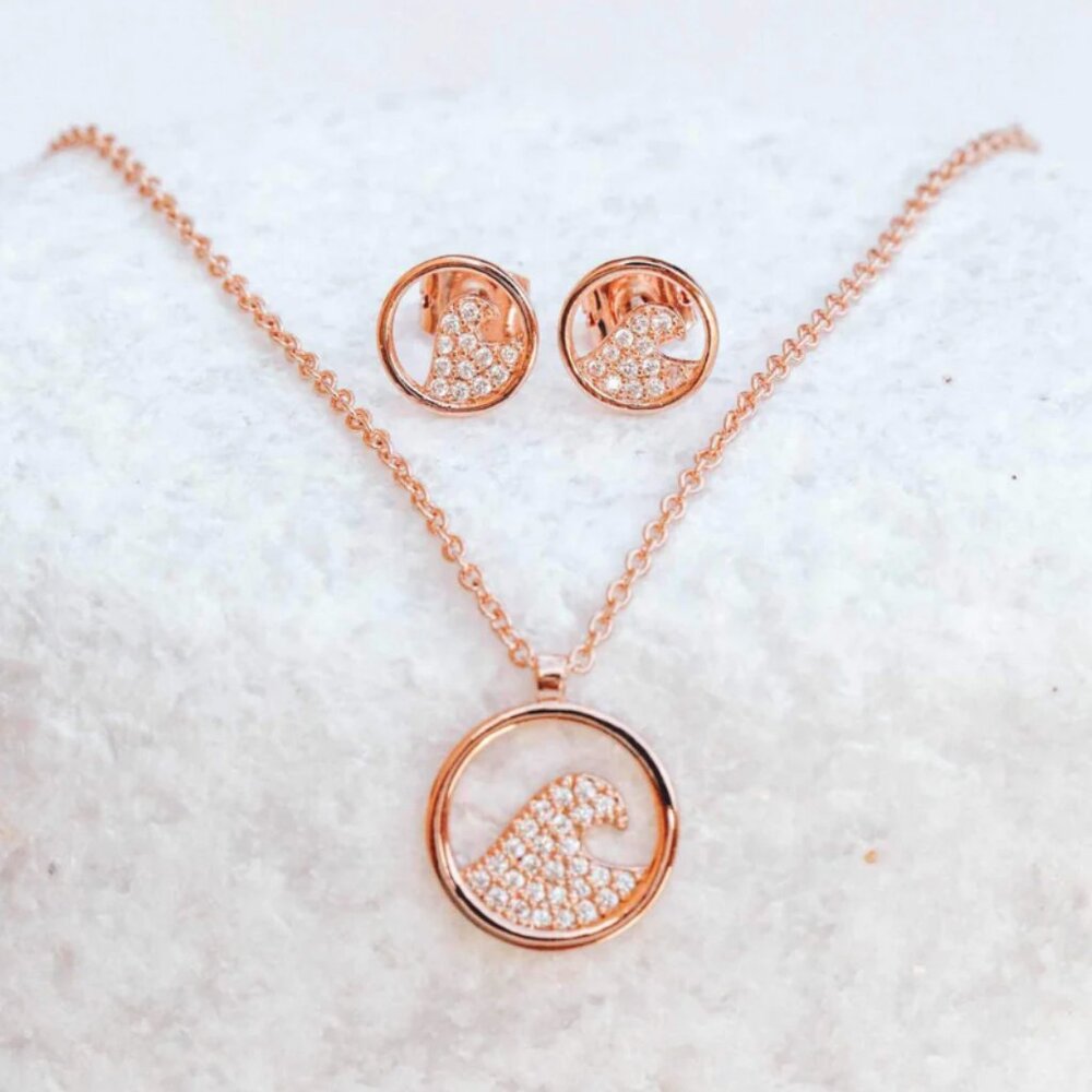 Pura Vida Pave Wave Necklace Earring Set in Rose Gold